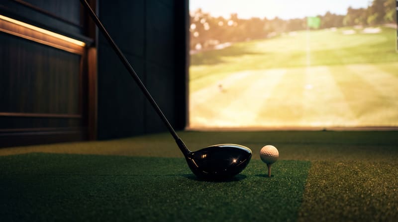 Driver soled behind a teed golf ball, aimed at a glowing golf simulator screen
